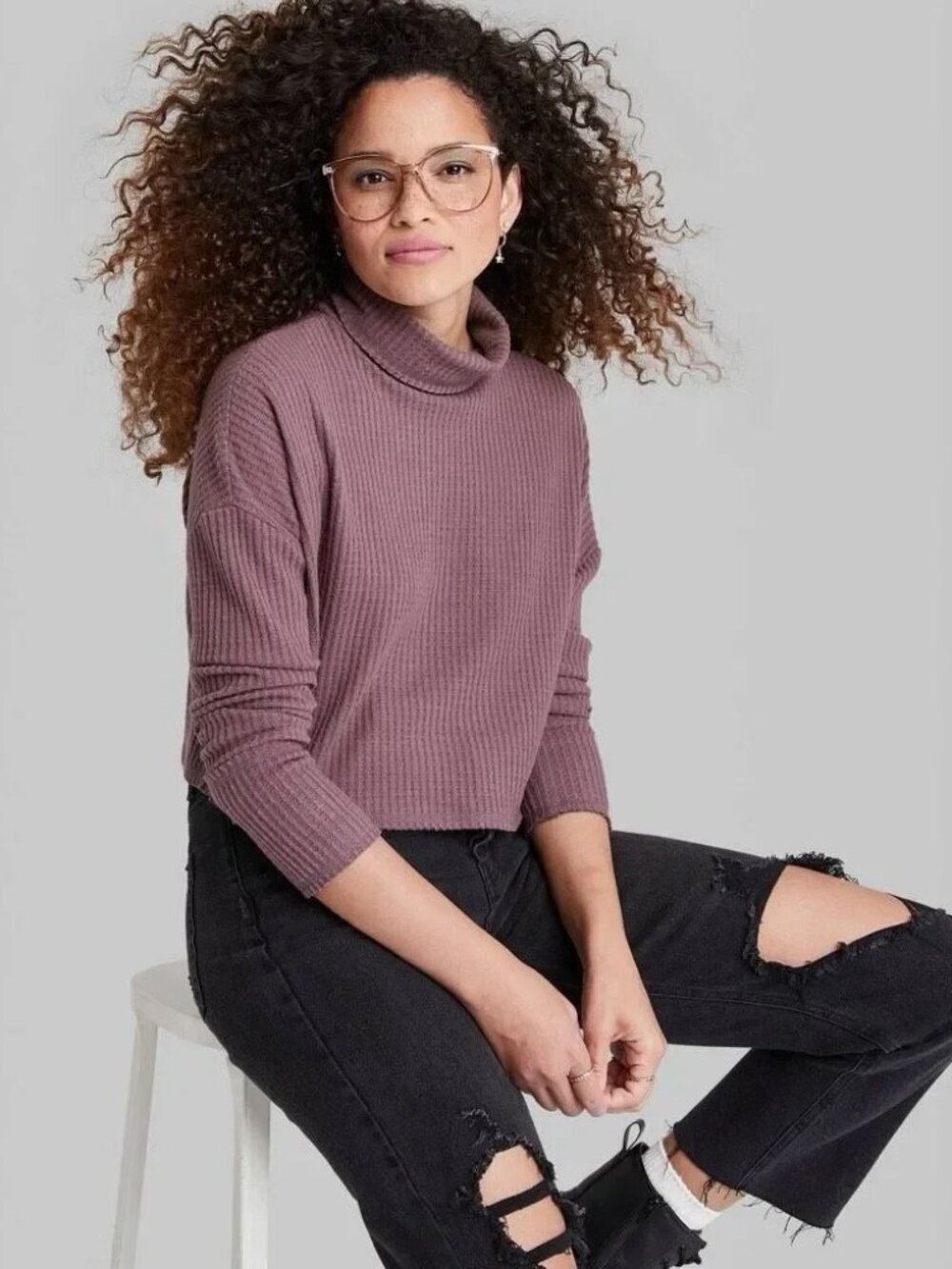 wild fable Mauve Waffle-Knit Cropped Turtleneck Sweater